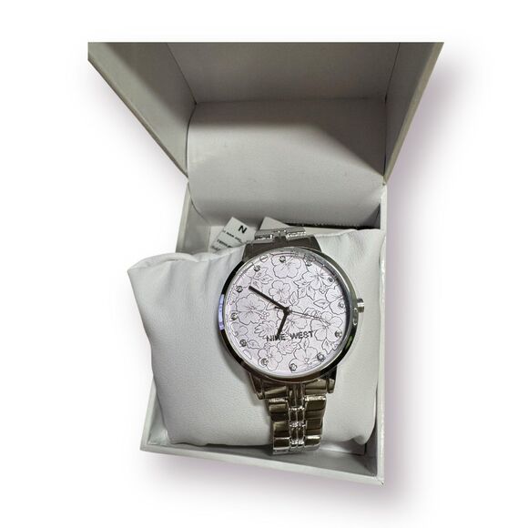 Nine West Women's Floral Dial Watch Genuine‎ Crystal Accented Silver Gray 2647 - Picture 2 of 12
